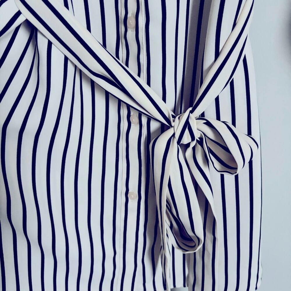 Express Black & Cream Striped Long Sleeve Shirt Dress with Tie Waist, Size M - Picture 4 of 7